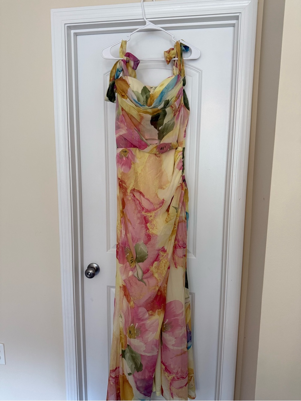 Baltic Born Yellow Floral Tie-Shoulder Midi Dress with Pink Accents